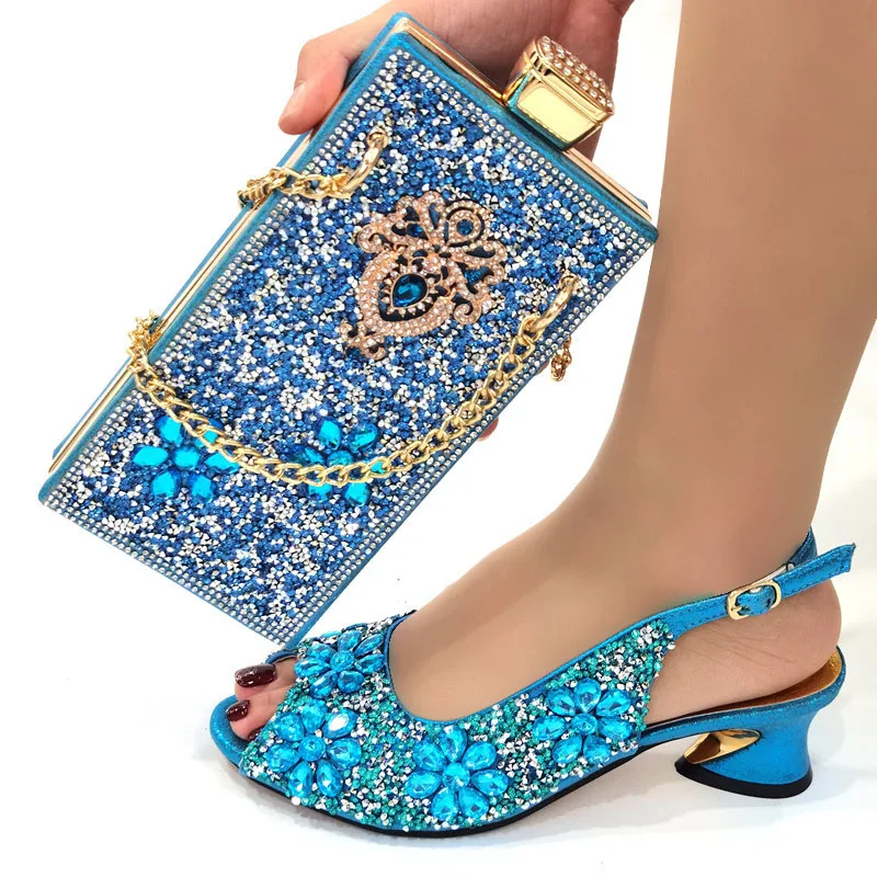 

Latest Design Sky Blue Color Mid Heels Shoes and Bag Set for Wedding Fashion Women Summer Autumn Skid-proof Square Toe Shoe