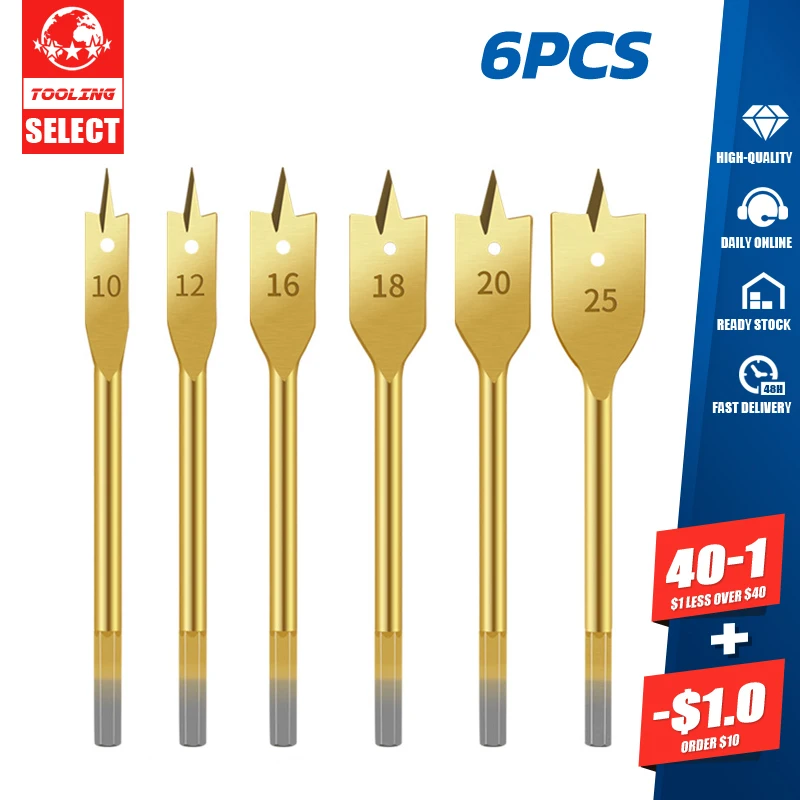 

6pcs Titanium Plated Woodworking Flat Drill Electric Drill Accessories Wood Puncher 10/12/16/18/20/25mm Durable Spade Drill Bits