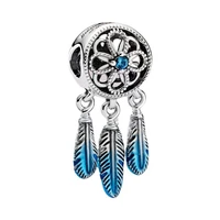 hot sale silver color charm bead blue dream catcher leaves beads for original pandora charm bracelets bangles jewelry