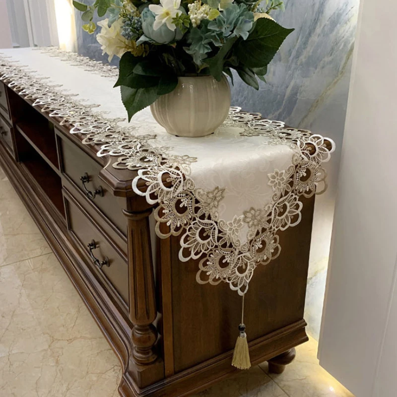 Lace Table Runner Embroidered TV Cabinet Tablecloth Decoration for Home Pendant Tassel Dresser Table Dust Cover Manteles De Mesa