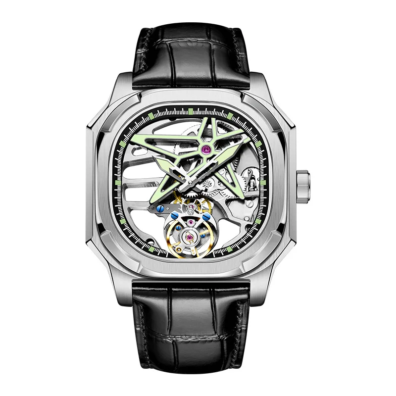 

AESOP летающие часы с турбийоном для мужчин, супер светящийся скелет, полый циферблат, мужские механические наручные часы, сапфировые часы 7052