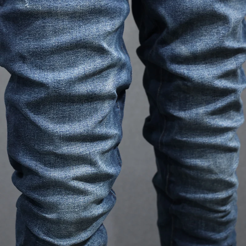 High Street Fashion Men Jeans Retro Dark Blue Elastic Stretch Skinny Fit Ripped Jeans Men Brand Designer Hip Hop Pants Hombre