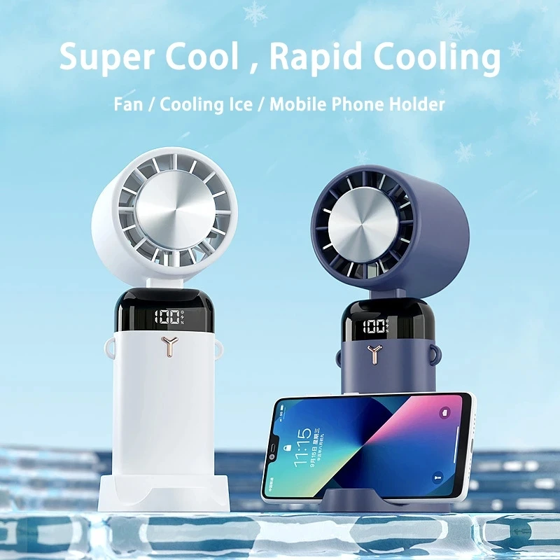 

2023 new refrigeration handheld fan Usb rechargeable desktop portable mini fan mute cold fan mobile phone holder Bladeless fan
