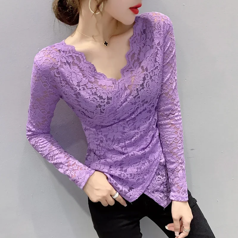 Сплошной цвет с длинным рукавом в европейском стиле сексуальный кружевной топ