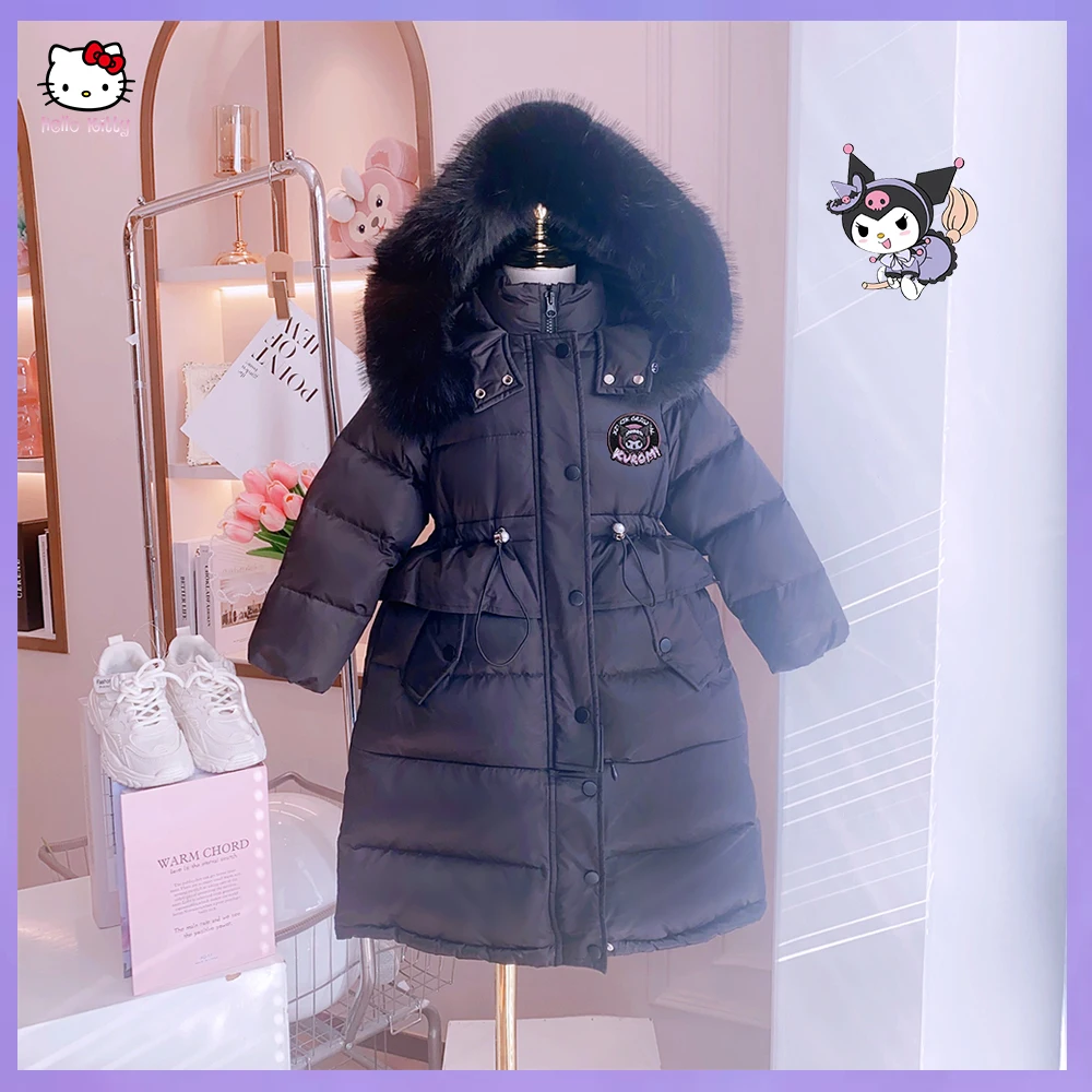 

Зимний пуховик для девочек с аниме Hellokittys Kuromi Sanrioed, длинная Меховая куртка с капюшоном и хлопковой подбивкой, теплая детская верхняя одежда с тонкой талией