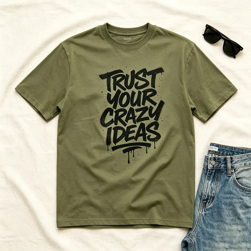 Фото Футболка унисекс из чистого хлопка с принтом-цитатой «Trust Your Crazy Ideas» и надписью, написанной спреем, свободного кроя, молодежная, для активного отдыха, в стиле хип-хоп, повседневная. №5