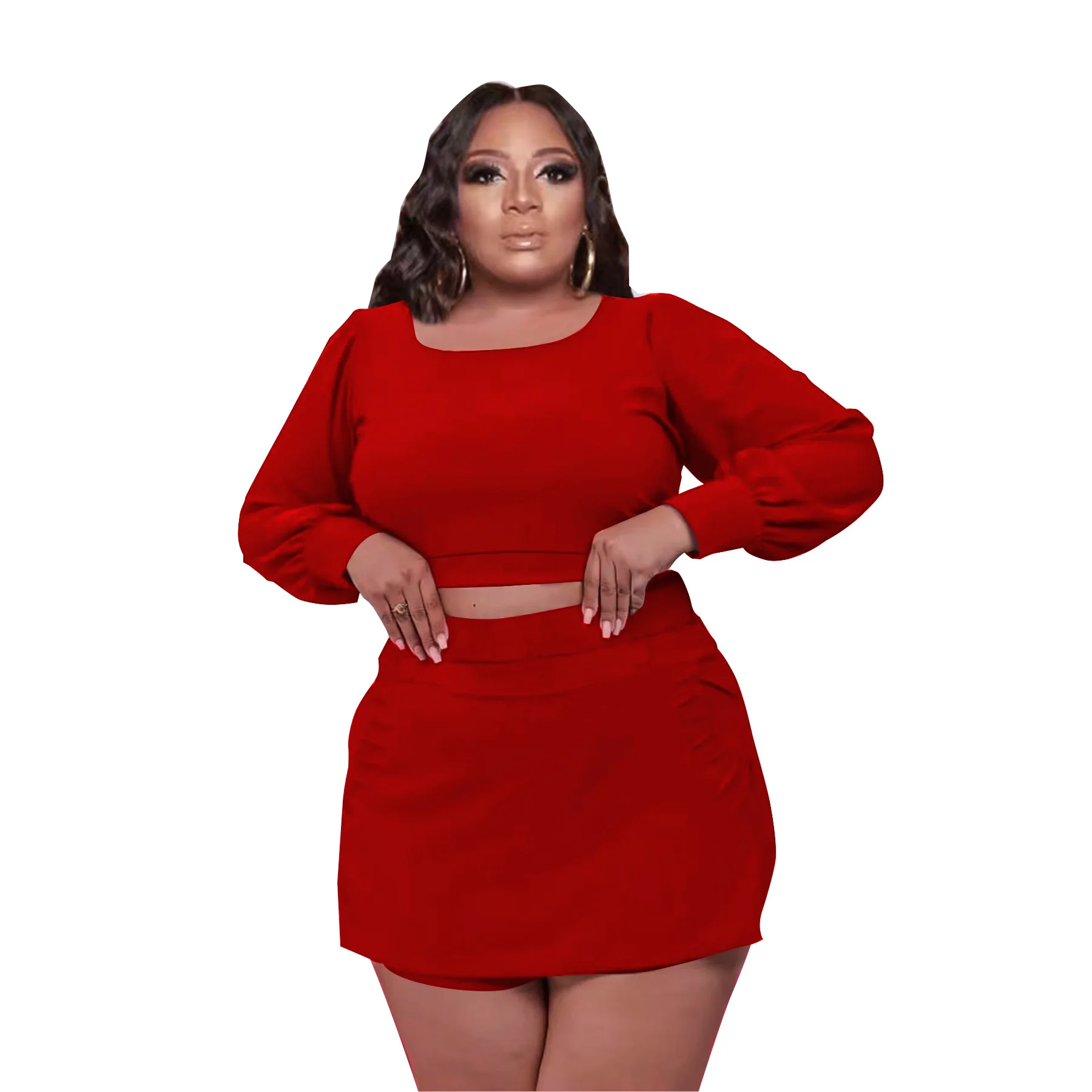 Plus Size Dresses Solid Color Long Sleeve Square Neck Sexy Culottes Sexy Two Piece Set Women Office Lady for Vestidos Slim Fit