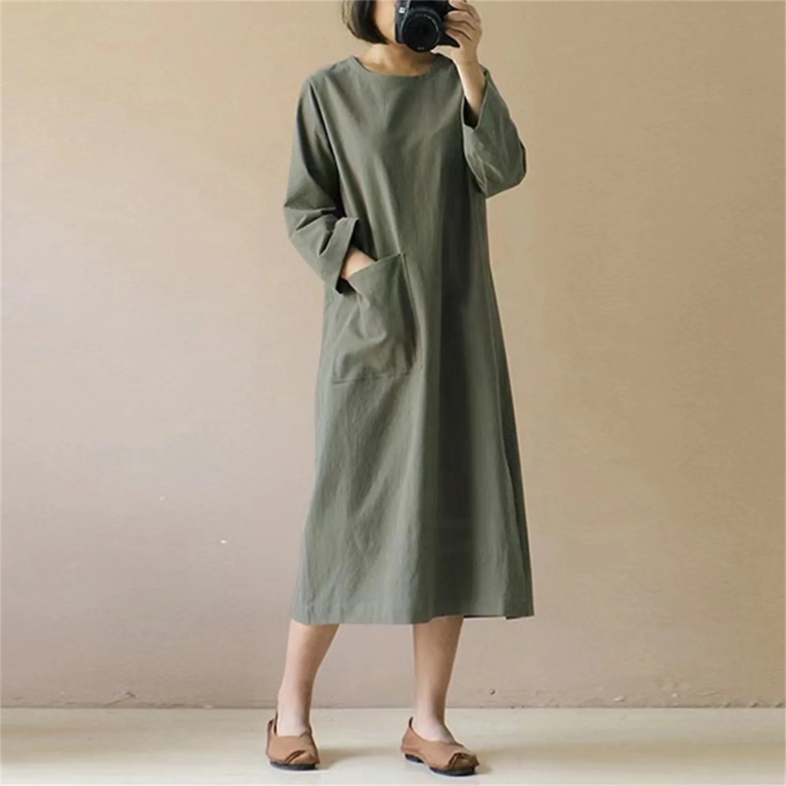 

Black Tunic Dress Women Long Sleeve O Neck Solid Literary Retro Casual Dress With Pockets Dresses Juniors