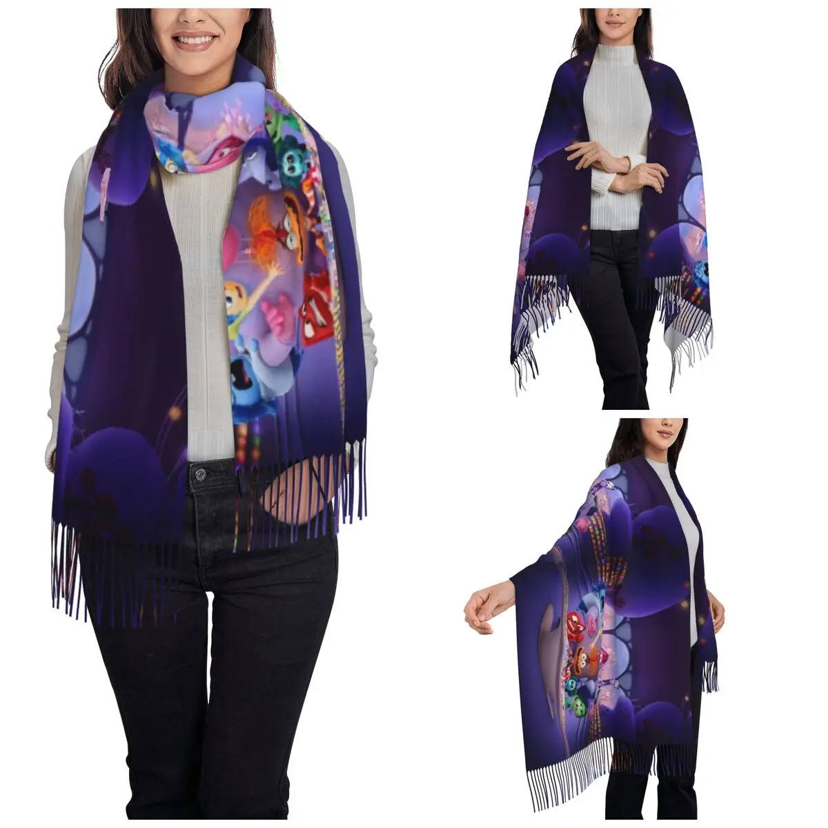 Women's Tassel Scarf Inside Out Emotions Group Large Super Soft Shawl and Wrap Cartoon Anime Anxiety Gifts Cashmere