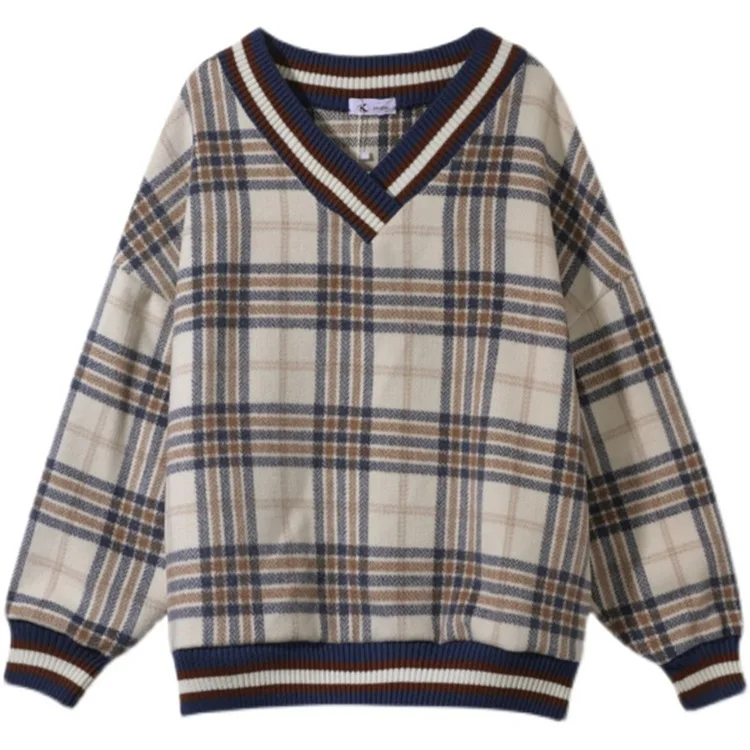Женский свитшот в клетку стиле преппи осенне-зимний плотный трикотажный пуловер