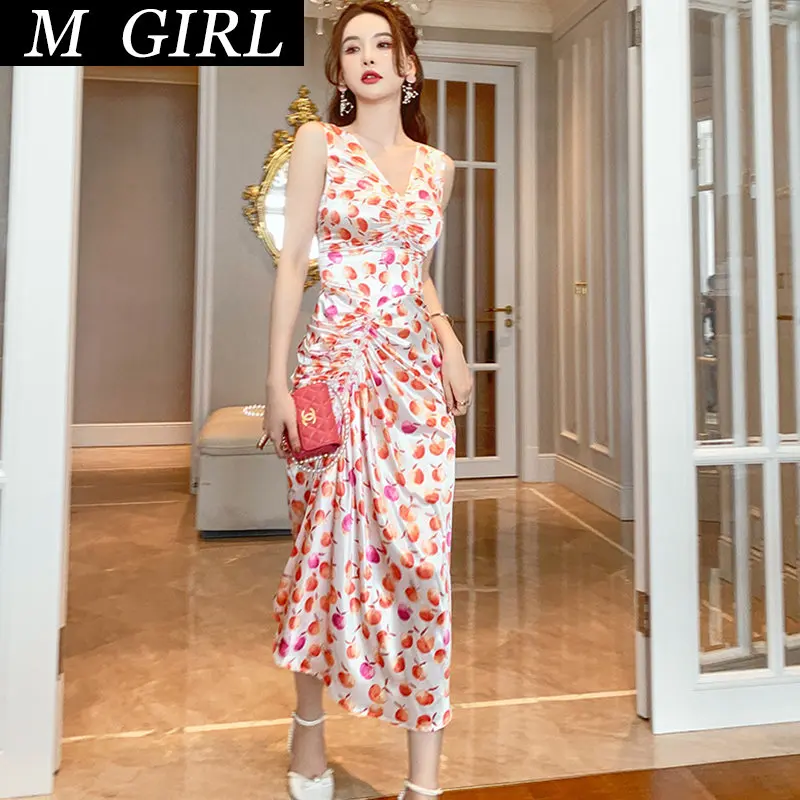 

M GIRLS Summer Vintage V-Neck Sleeveless Satin Midi Party Dress Ladies Elegant Casual Sexy Print Drawstring Asymmetrical Dress