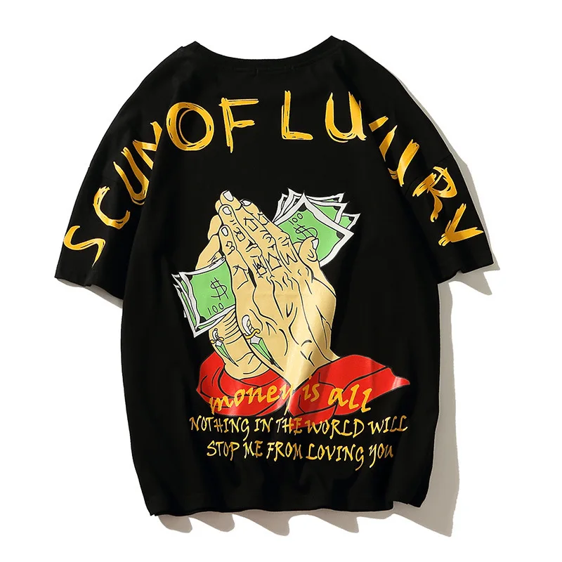 

2022 Summer Loose Oversized T-shirt Men's Korean Version Of The Street Hip-hop For Money Printing O-neck Short-sleeved T-shirt