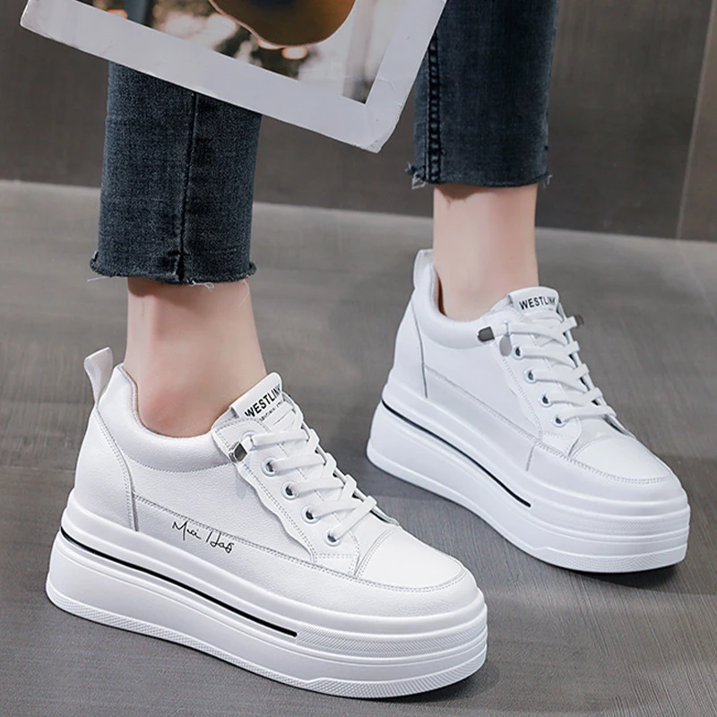2023 New Fashion 7cm New Genuine Leather Women Sneakers Chunky Platform Wedge Breathable Summer Vulcanize Hidden Heels Shoes