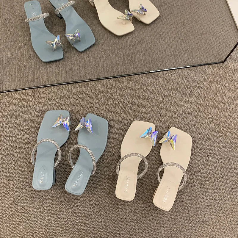 

Shoes Glitter Slides Womens Slippers Outdoor Pantofle Med Square heel Butterfly-Knot Low Fashion Rubber Flip Flops Jelly 2022 Bl