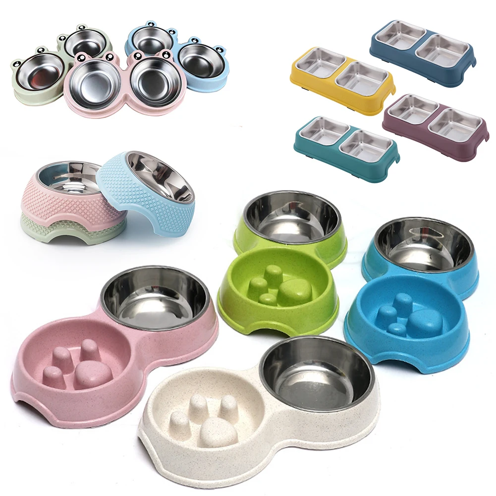 

Pet Dog Double Bowl Kitten Puppy Food Water Feeder Stainless Steel Small Dogs Cats Drinking Dish Slow Eating Pets Feeding Bowls