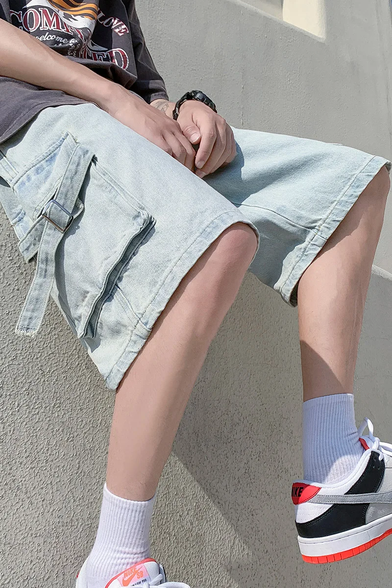 EOENKKY/2022 Summer Men'S Denim Shorts Casual Fashion Loose Stretch Jeans large pocket cargo pants Men