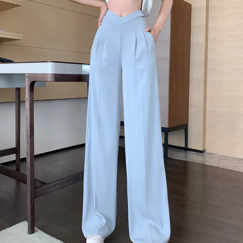 

Повседневные Элегантные брюки с широкими штанинами, женские узкие, с завышенной талией, корейский стиль, длинные брюки, однотонная летняя Д...