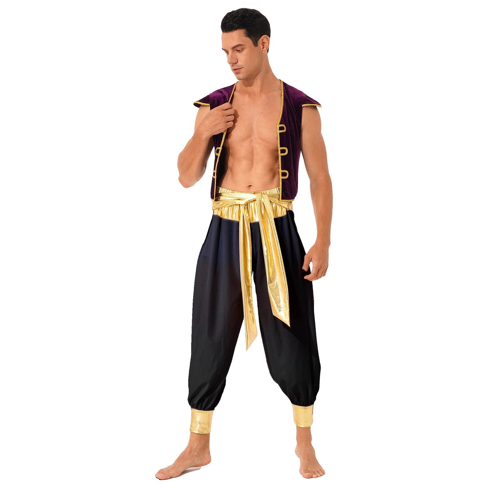 

Mens Lamp Prince Arabian Mythical Carnival Costume Anime Cosplay Outfit Cap Sleeve Vest Waistcoat with Belted Bloomers Pants