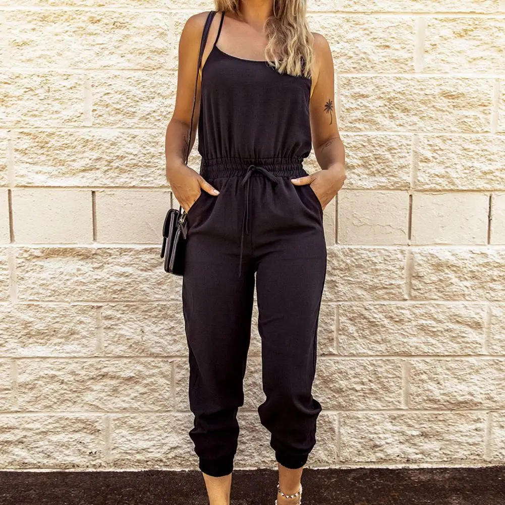 

Women Romper Sleeveless Slim Fit Spaghetti Strap Elastic Waist Drawstring Summer Jumpsuit Daily Clothes Combinaison Femme 2022