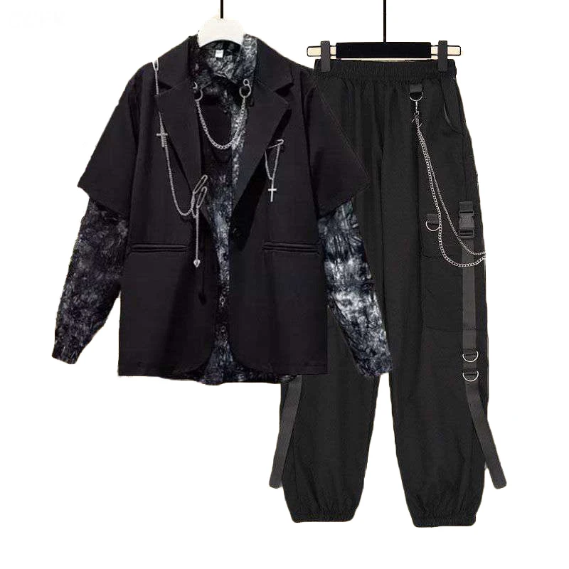 Grunge Clothes Emo Set Women Vintage Gothic Shirt Punk Chain Cargo Pants Y2K Blouse 2023 Autumn Egirl Street Clothing Aesthetic