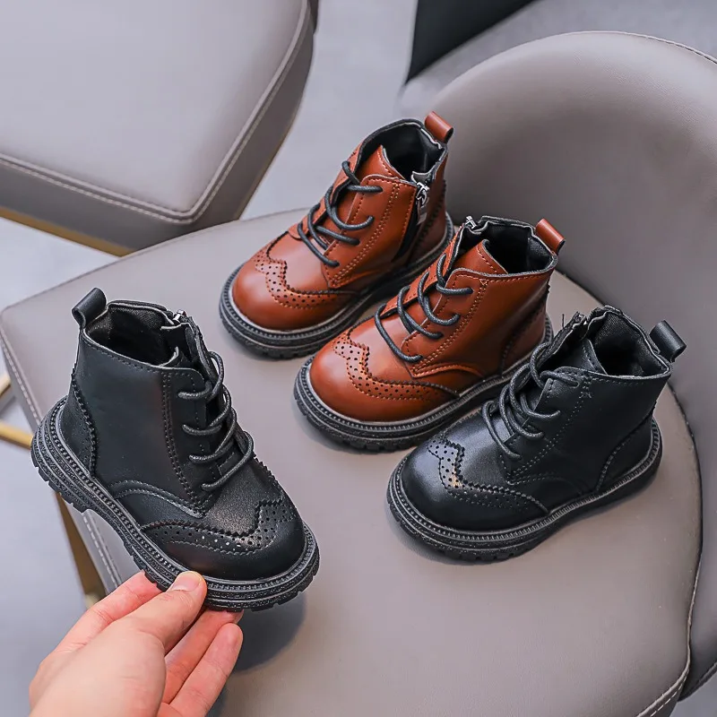 

Детские модные ботинки Baywell для девочек, новинка, осенняя британская Винтажная обувь, модные короткие ботинки для мальчиков, уличные коричн...