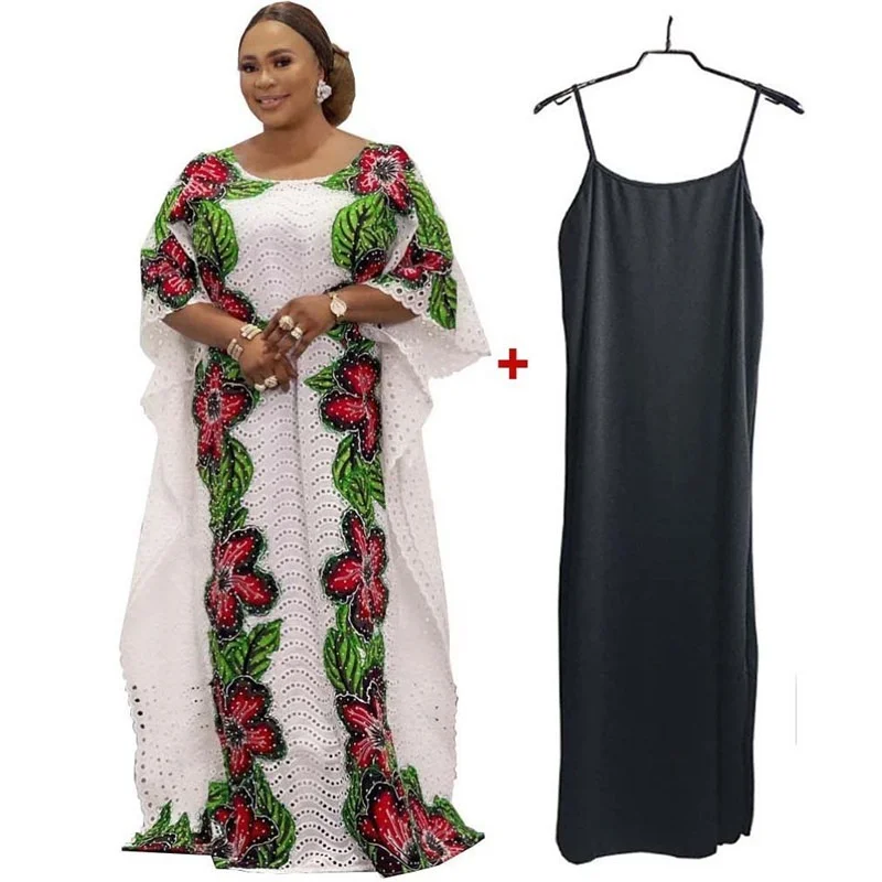 New Fashion Bazin Riche African Dresses For Women Free Size Casual Elegant Ladies Appliques Loose Maxi Dress With Inner Vestidos