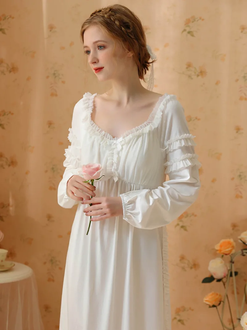 Women Fairy Night Dress Spring Cotton Ruffles Victorian Nightgowns Long Sleeve Sweet Princess Vintage Sleepwear with Chest Pad