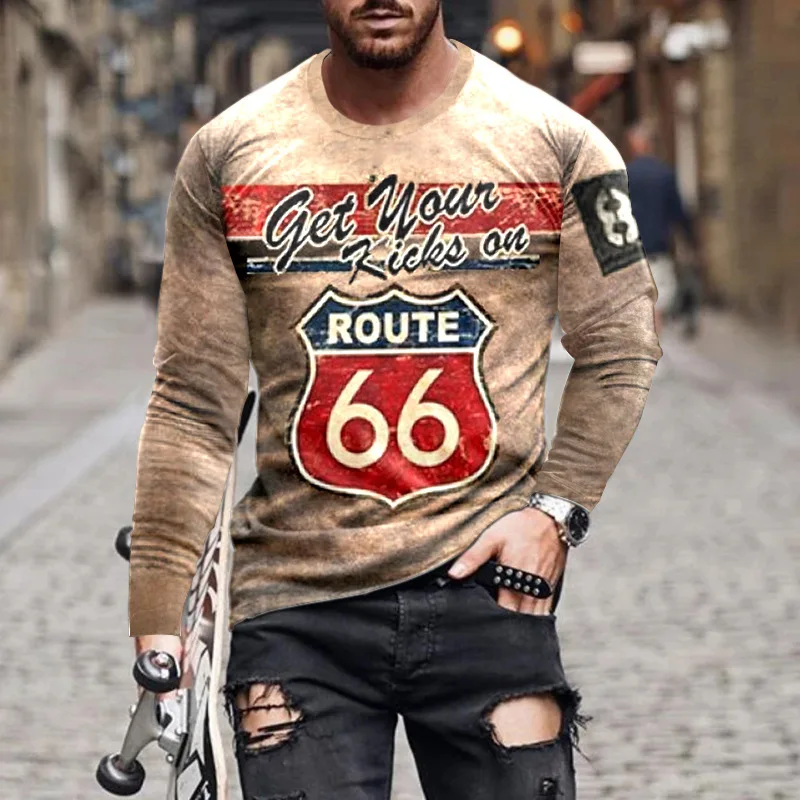 

2023 Europe And The United States New T-shirt Men's Highway 66 Casual Crewneck Long Sleeve Digital Print Slim Men's Large Size