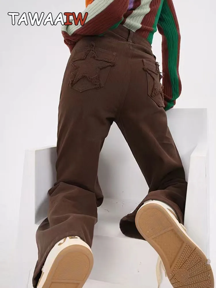 

Женские прямые джинсы с вышивкой в виде звезд Tawaaiw, в американском стиле ретро кофейного цвета, Модные Винтажные шикарные джинсы для мам Y2K н...