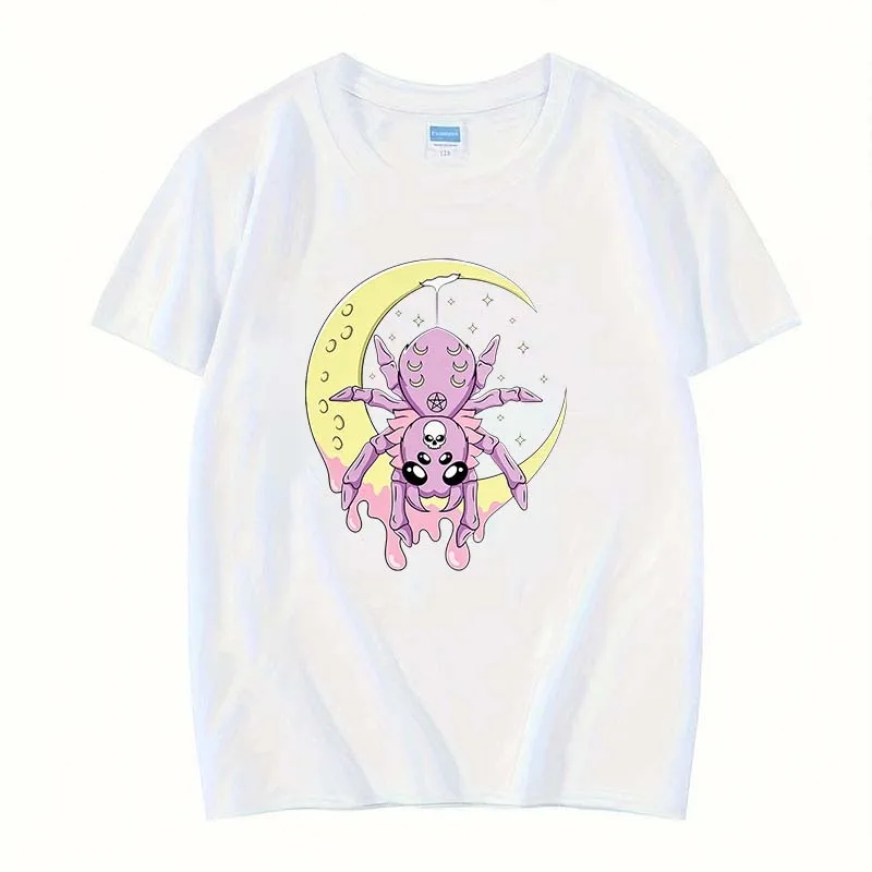 

Cartoon Moon Spider Printing Female T-Shirt Round Neck, Multiple Colors, 100% Cotton Short Sleeve Party Gift