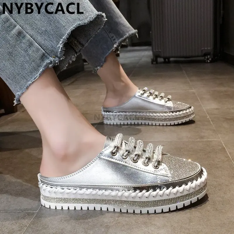 Crystals Round Toe Leather Flats Shoes Women Silver Bling Loafers Couple Platform Shoes Woman Flat With Students Size 41 42 43