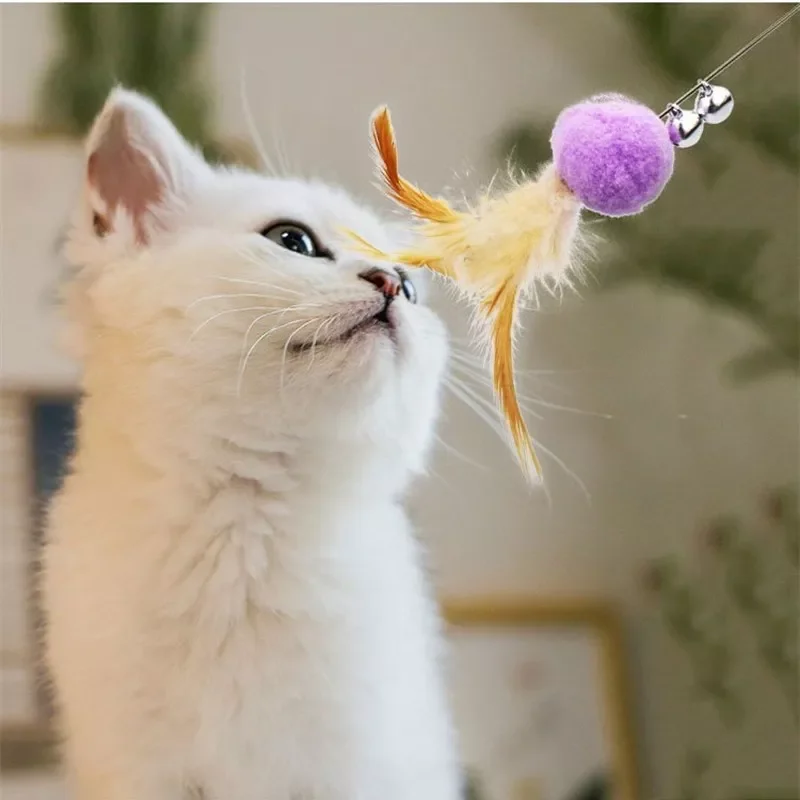 

2023NEW New Funny Cat Stick Feather Toys Plush Cat Feather Tease Toy with Small Bell Random Color Pole Cats Supplies