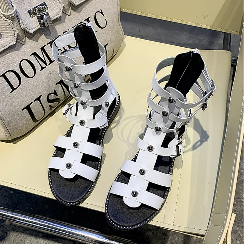 

New Rivet Sandals Hollow Out Cool Boots Open Toe Cross Strap Sandals Women's Summer Flat Roman Shoes Sandalias Mujer 2022