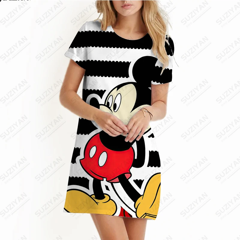 

New Disney Minnie Mickey Women's Dress 3D Dye Print Fashion Crew Neck Dress New Summer Romantic Beach Party Short Sleeve Dress