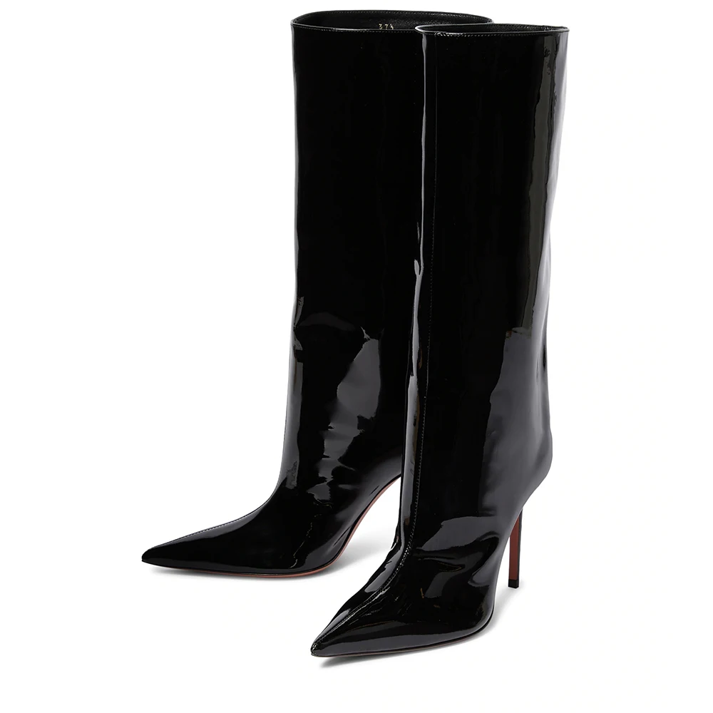 

Женские лакированные кожаные сапоги до колена с острым носком, модные туфли на тонком каблуке карамельных цветов, кожаные туфли на высоком каблуке, привлекательные женские сапоги