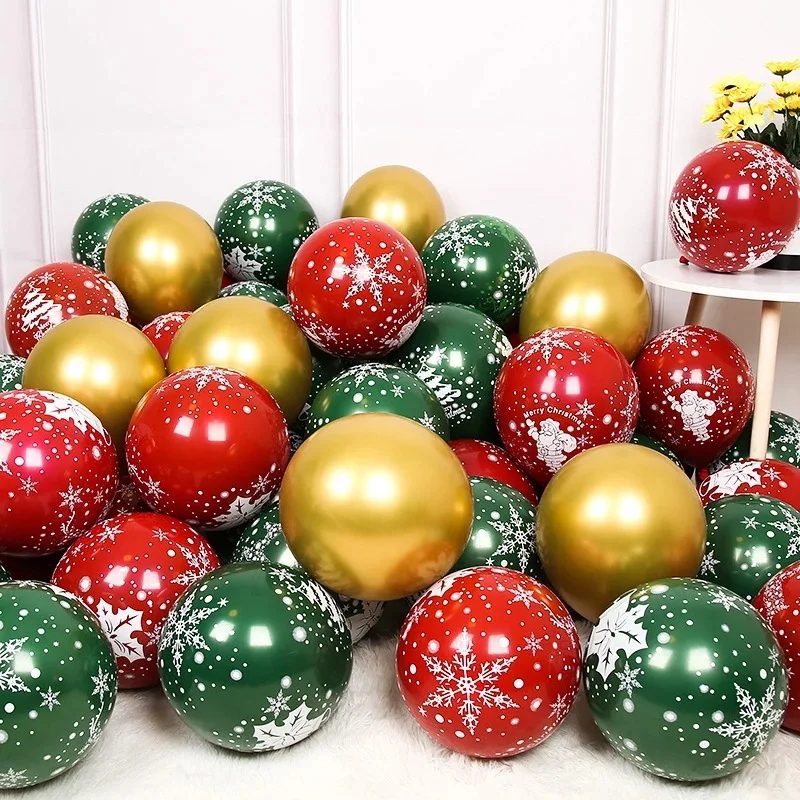 

10 30PCS Green Red Latex Balloon 10inch Snowflake Printing Decoration Arrangement Event Shopping Mall Christmas Party Balloons