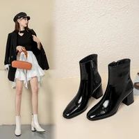 ankle boots womens autumn winter new patent leather sexy thick heel square toe middle barrel side zipper black white pumps