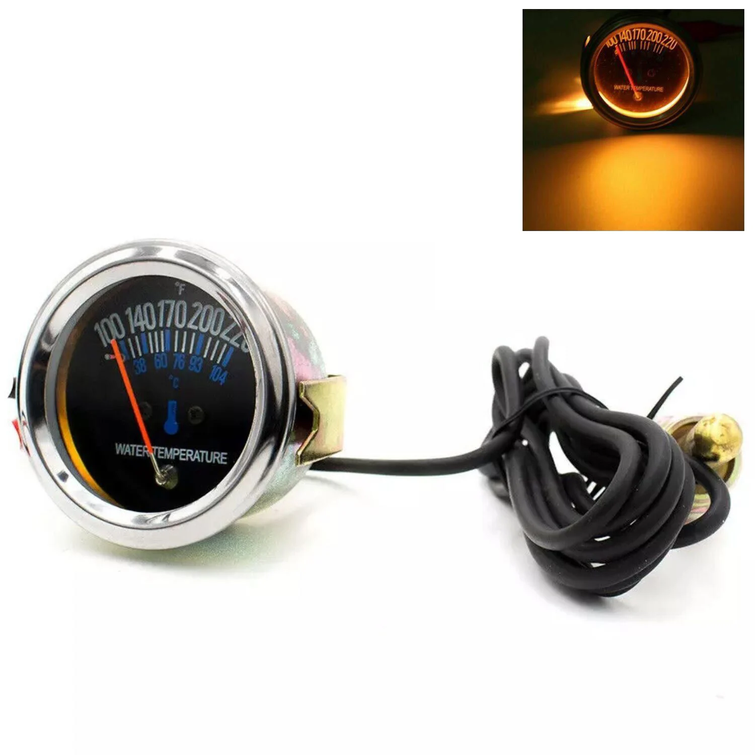 

2'' 52mm Mechanical Black Metal Pointer Water Temp Temperature Gauge +Sensor ℃&℉ Black Face Yellow Bulb Backlight
