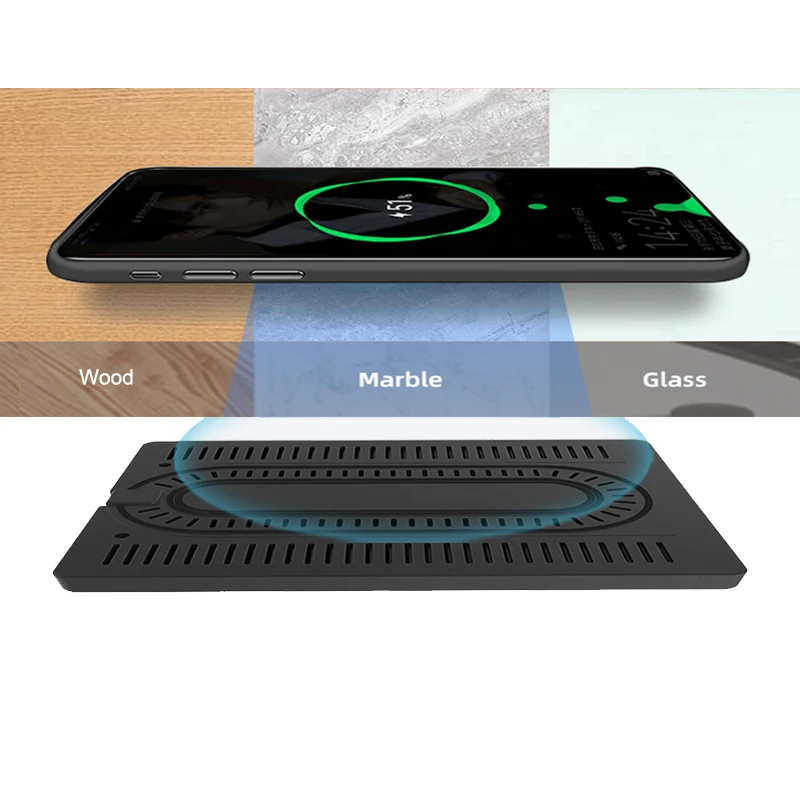 Aangepaste Logo Onder Teller 50 мм Stealth Lange Afstand Draadloze Mobiele Telefoon Oplader Voor Restaurants Cafe Tafel