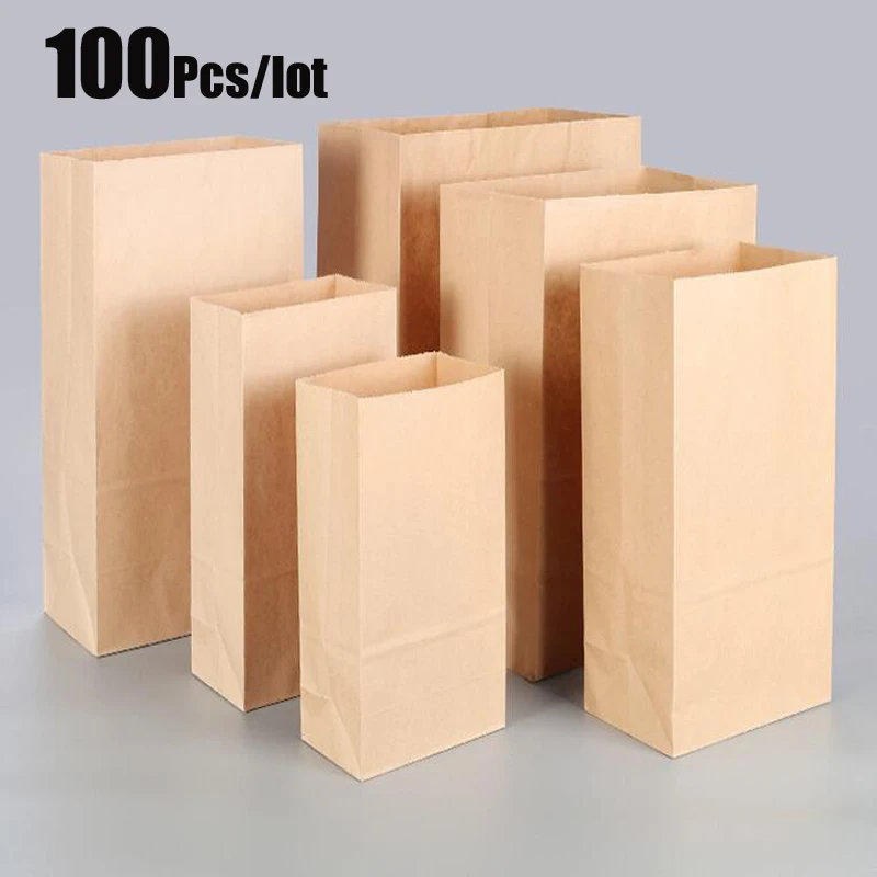 

100 шт./лот пакеты из крафт-бумаги, подарочные пакеты для еды, пакеты для упаковки товаров для вечеринок и свадеб, экологичные пакеты для покуп...