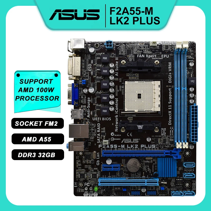 

ASUS F2A55-M LK2 PLUS Motherboard FM2 Motherboard DDR3 AMD A55 PCI-E X16 32GB VGA DVI USB2.0 Support A10/A8/A6/A4/Athlon Cpus