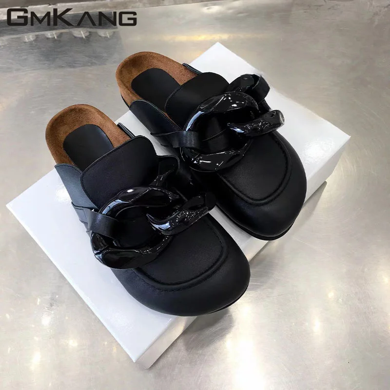 Chain Decoration Thick Bottom Slippers Women Black White Genuine Leather Mules Women Flat Slippers Women Zapatillas Mujer