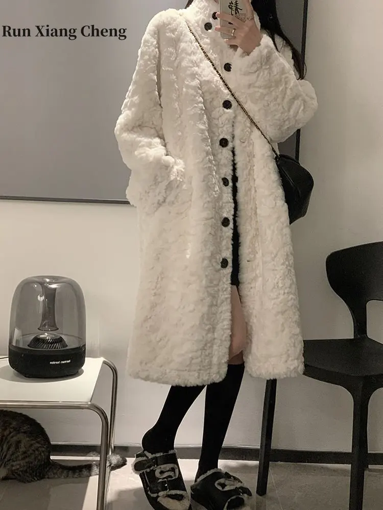 Winter Women's Overcoat 2023 Imitation Rabbit Plush Oversize Korean Fashion Button Designer Medium Length Loose Standing Collar