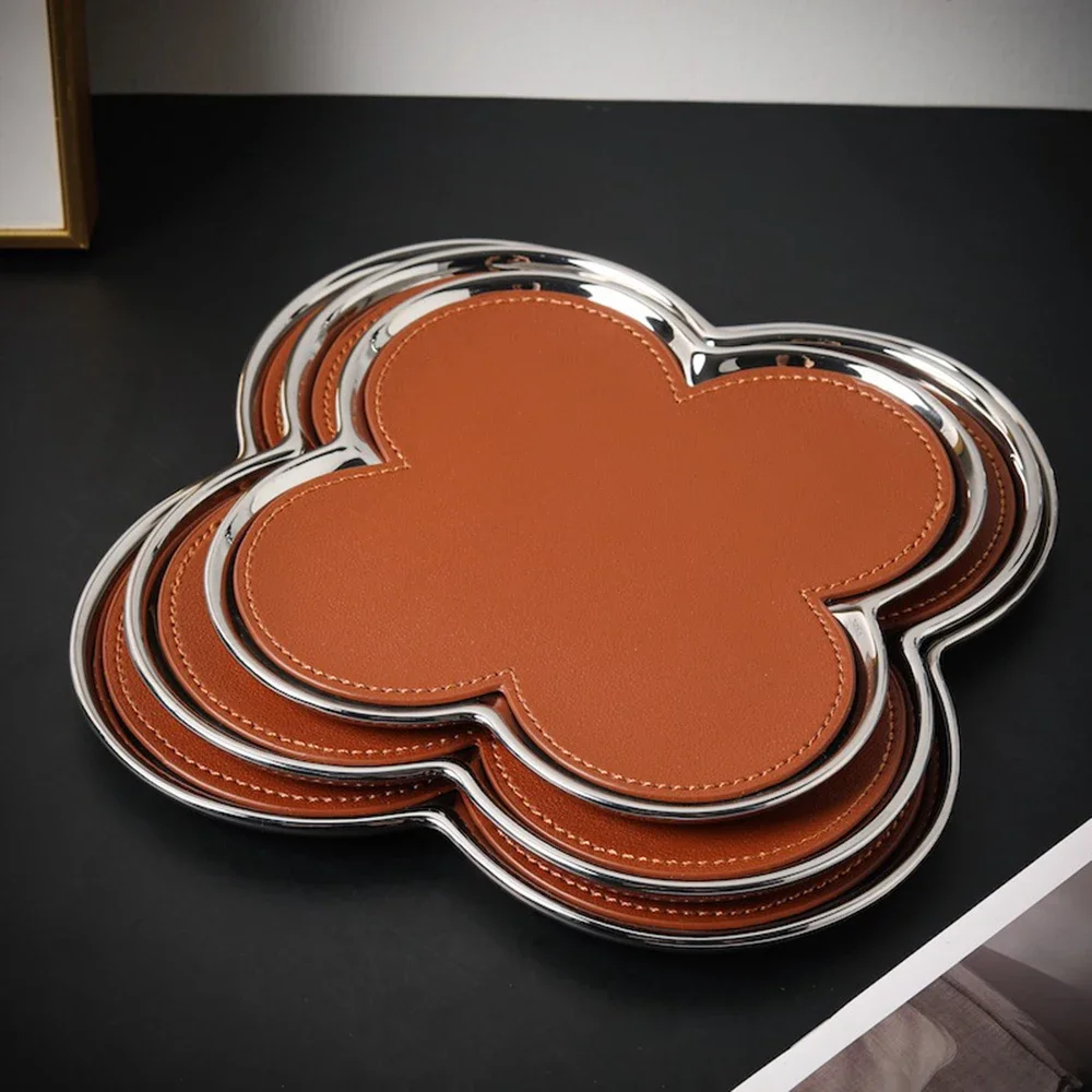 Легкий кожаный лоток для хранения, простой лоток для хранения, набор из 3 предметов, настольный поднос для ювелирных изделий в виде клевера, украшение для гостиной, дома