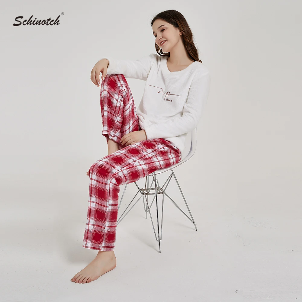 Women Pajamas Set Autumn Winter Warm Coral Fleece Top and Plaid Cotton Brushed Pants Nightwear Loungewear Ladies Sleeping Pants