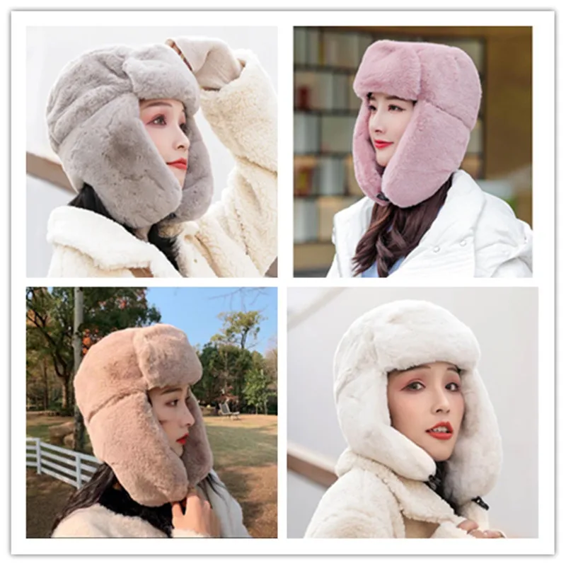 

Зимняя утепленная шапка для мужчин и женщин, универсальная однотонная теплая шапка с защитой от ветра и ушей из кроличьего меха для холодно...
