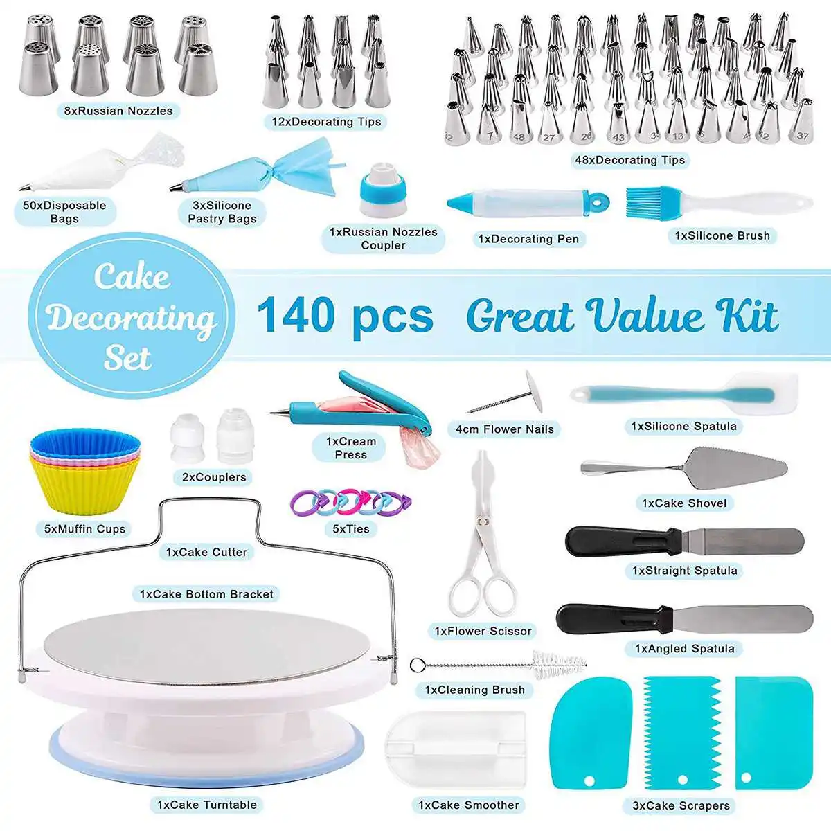 

140 Pcs/set Cake Turntable Cake Decorating Tools Kit Rotary Table Baking Tool Piping Nozzle Piping Bag Set Baking Supplies Sets