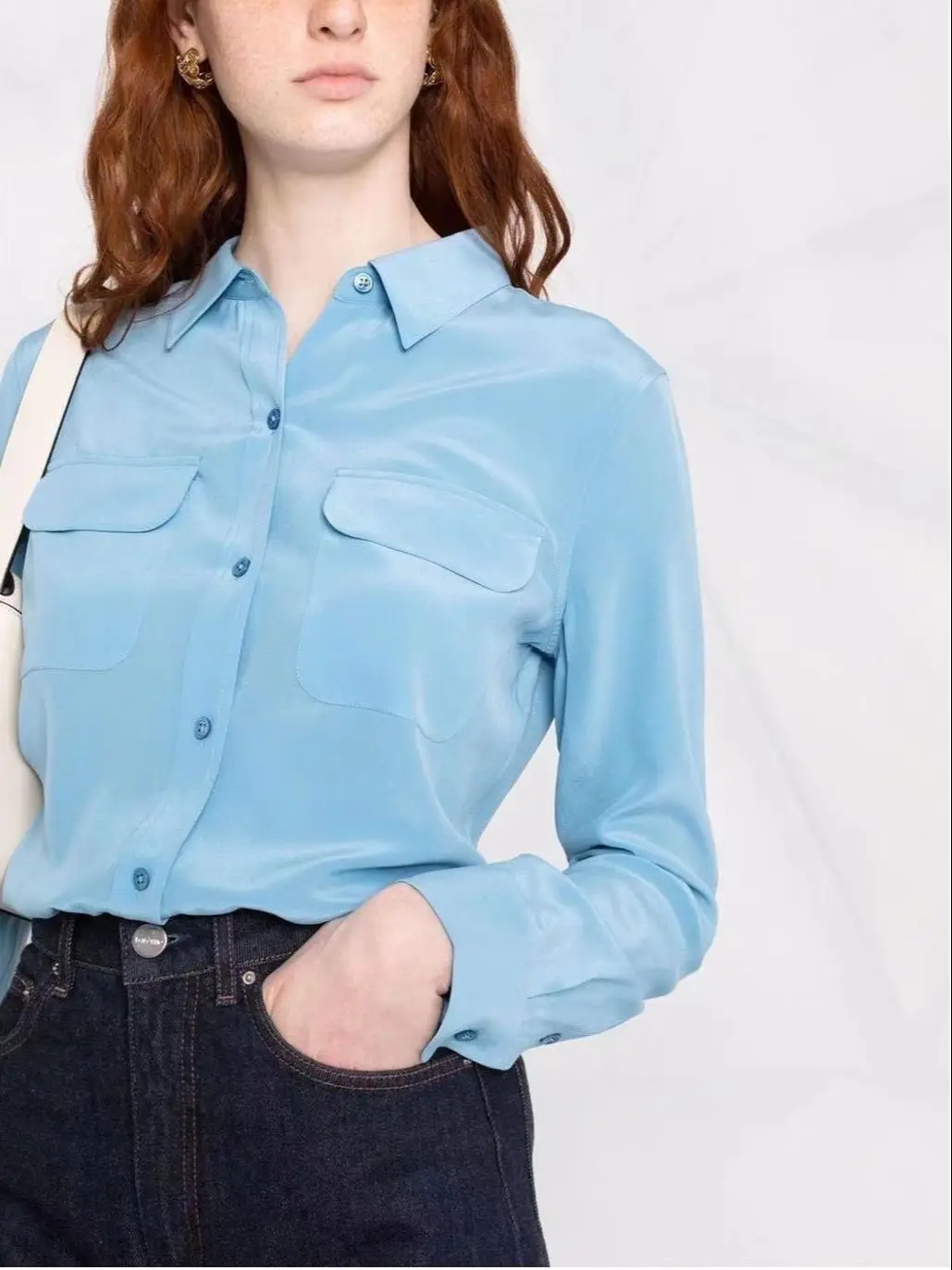 

Women 100% Silk Double Pockets Office Wear Blouse Ladies 2022 New Turn-Down Collar Single-Breasted Ol Shirt and Tops