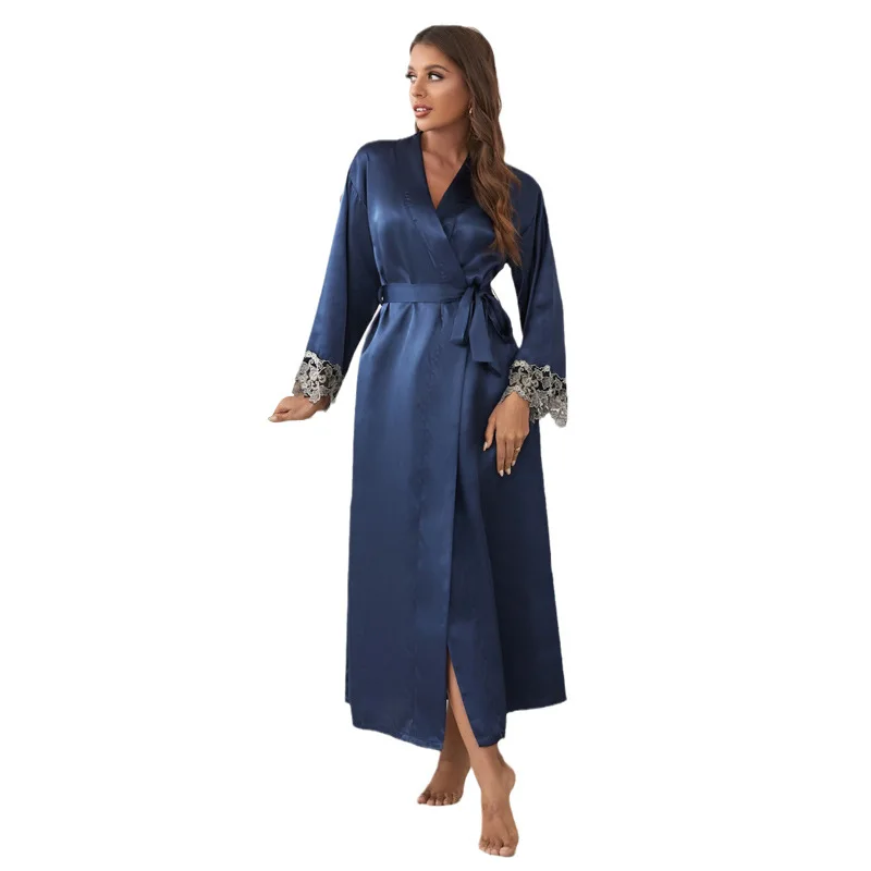 Women Silk Robe Autumn Winter Nightwear Bathrobe Lace Trim Sleepwear Pajamas Pyjama Sexy Long Nightgown Nightwear