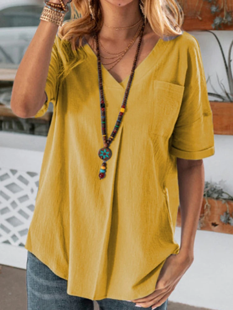 

Summer Shirts Blouses Short Sleeve Large Women's Shirts Casual Loose V-neck Solid Cotton Hemp Fashion Pocket Top Women Shirt New
